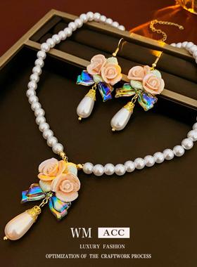 法式陶瓷花朵水滴珍珠项链优雅气质锁骨链轻奢高级感项饰