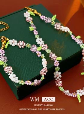 度假风花朵串珠锁骨链女套装