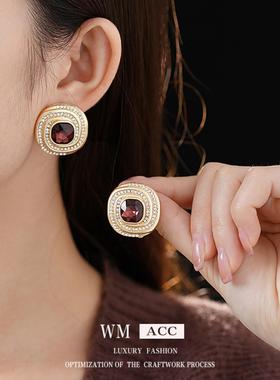 vintage银针耳钉镶钻项链套装