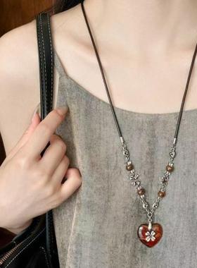 新中式陶瓷吊坠项链复古锁骨链