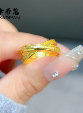 沙金古法金色复古交叉双环拉丝戒指女小众轻奢高级感流金岁月素圈