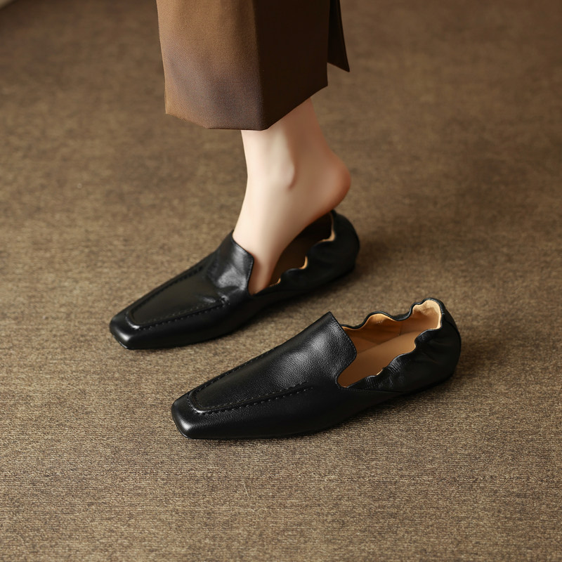 头层牛皮休闲风方头乐福鞋女米白色一脚蹬软底豆豆鞋懒人鞋老钱风,淘宝优惠券,粉丝福利购,淘宝优惠卷