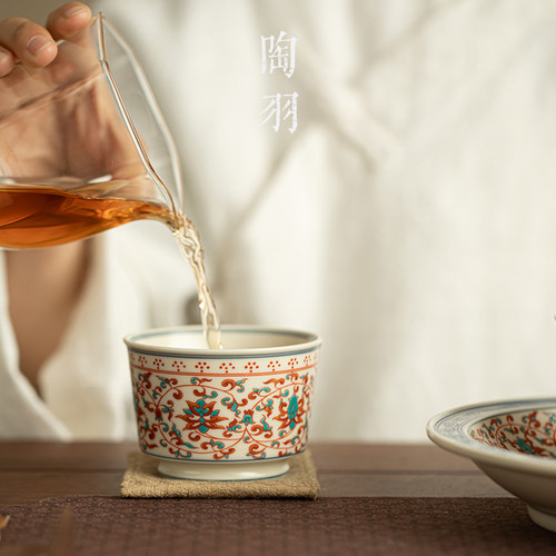 红绿彩缠枝莲纹平川杯陶瓷主人杯个人专用品茗杯功夫茶具喝茶杯 - 图3