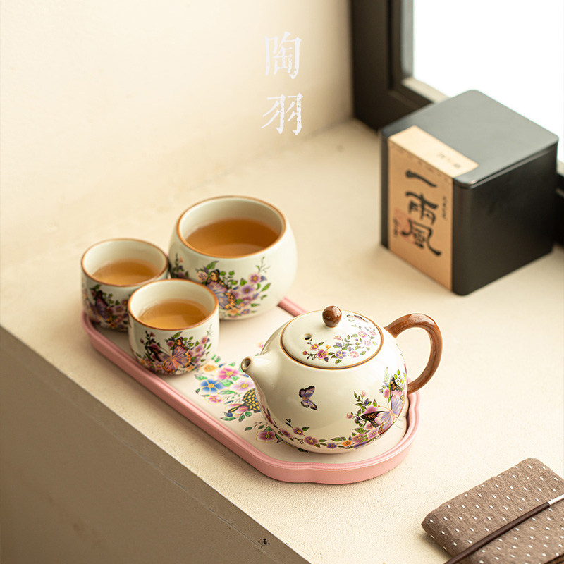 仿宋汝窑春丛蝶影一壶三杯泡茶小套组家用陶瓷茶壶茶杯功夫茶具,淘宝优惠券,粉丝福利购,淘宝优惠卷