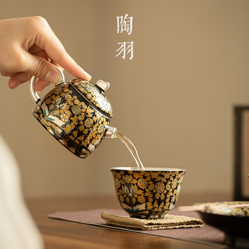 鎏银金枝玉叶手执泡茶壶家用功夫茶具中式陶瓷喝茶泡茶器礼盒装 - 图3