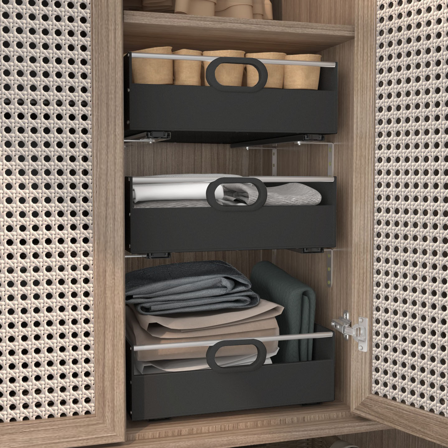 新款黑色加高抽屉拉篮带滑轨厨房收纳托盘橱柜改造收纳箱环保PP板 - 图3