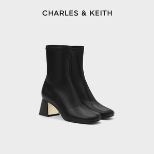 CHARLES&KEITH秋冬女靴CK1-90580175方头粗跟拉链弹力瘦瘦靴女