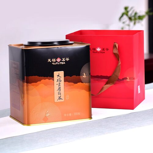 天福茗茶贡眉白茶 福鼎贡眉白茶 方形铁罐装 茶叶礼盒300g - 图0