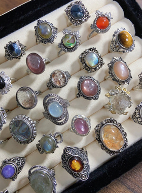 复古戒指捡漏福利中古天然水晶彩宝戒指月光石榴石紫水晶黄水晶