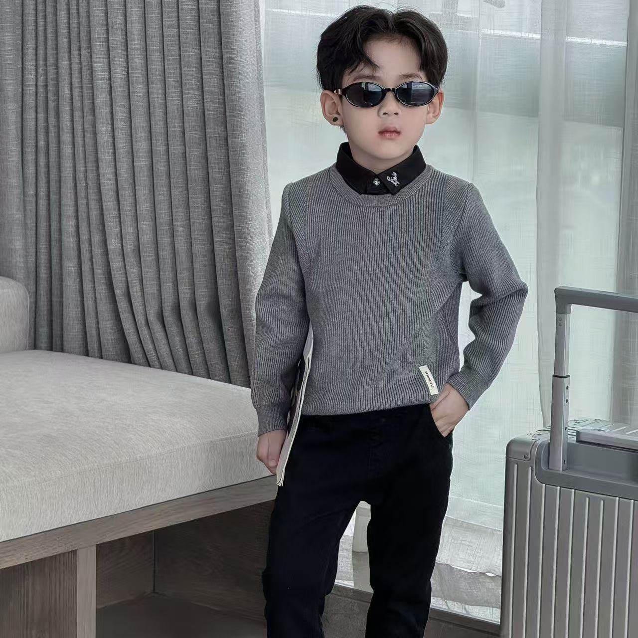 男童假两件毛衣2025新款儿童秋冬针织衫中大童装打底上衣简约帅气,淘宝优惠券,粉丝福利购,淘宝优惠卷
