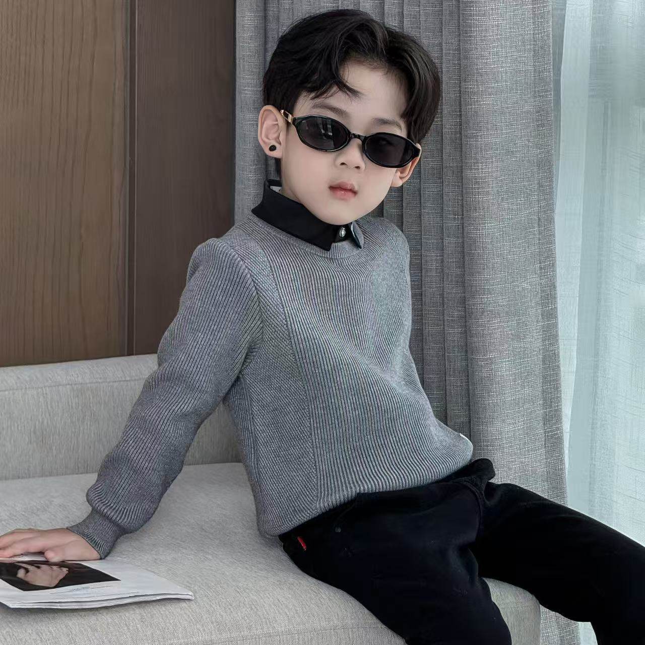男童假两件毛衣2025新款儿童秋冬针织衫中大童装打底上衣简约帅气,淘宝优惠券,粉丝福利购,淘宝优惠卷