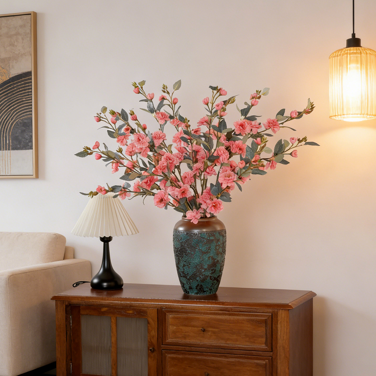 单枝山茶花 高端中式仿真花假花干花束饰摆件客厅电视柜玄关餐桌,淘宝优惠券,粉丝福利购,淘宝优惠卷