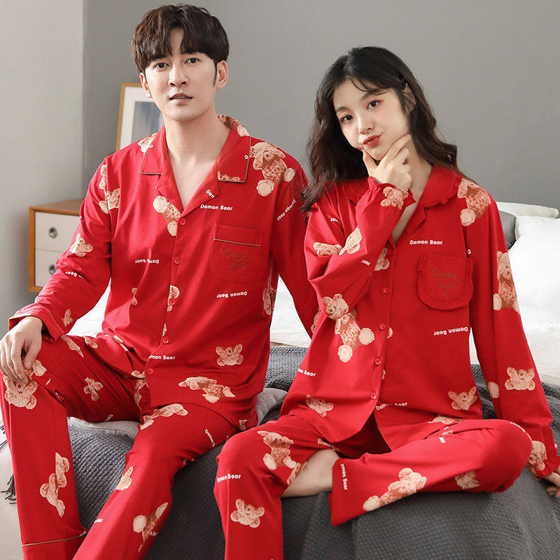 大红色情侣睡衣男春季新婚喜庆长袖100%纯棉中年女士家居服,淘宝优惠券,粉丝福利购,淘宝优惠卷