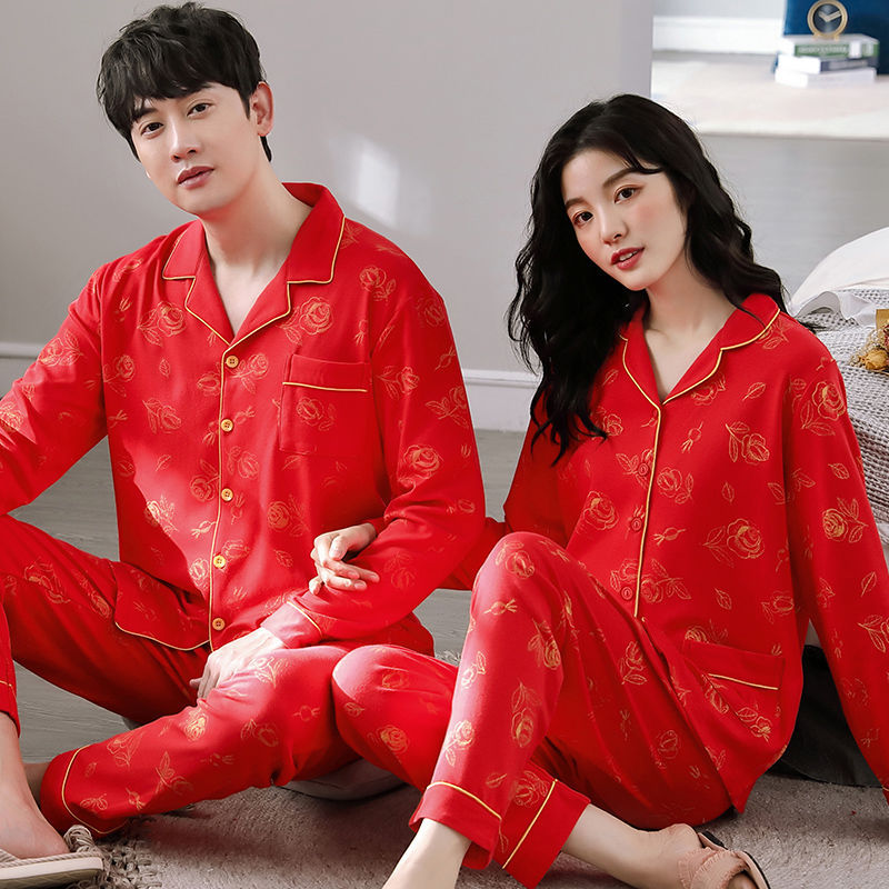 大红色情侣睡衣男春季新婚喜庆长袖100%纯棉中年女士家居服,淘宝优惠券,粉丝福利购,淘宝优惠卷