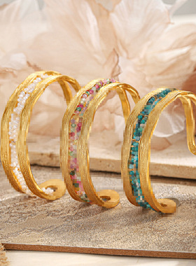 英国cherry kitty轻奢铜欧美开口手镯复古镂空时尚石几何珍珠