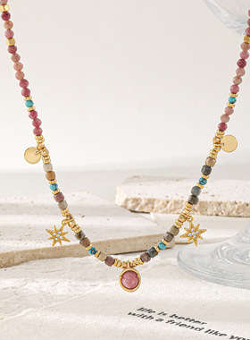 英国cherry kitty夏季粉色红纹石星球芒星元素项链手工清新锁骨