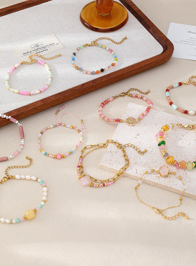 英国cherry kitty石粉色手链合集 ins风钛钢手链时尚清新甜美