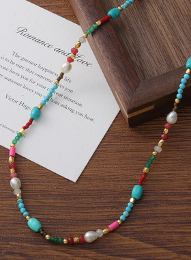 英国cherry kitty民族多彩复古石撞色手工串珠项链淡水珍珠百搭