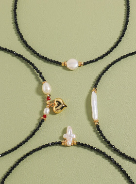 英国cherry kitty925银黑尖晶淡水珍珠串珠项链爱心吊坠锁骨链