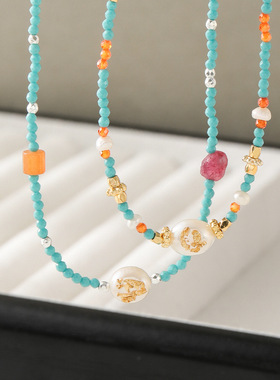 英国cherry kitty新款多巴胺淡水珍珠手工串珠项链彩色石锁骨链