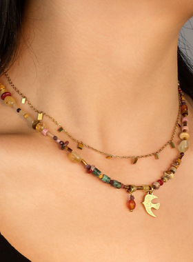 英国Cherry Kitty燕归来~琥珀复古阿拉善石彩色串珠项链民族风