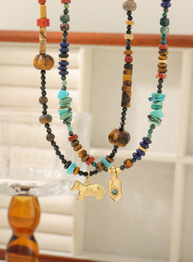 英国cherry kitty原创复古多种石虎眼石串珠项链套装马踏飞燕吊