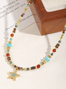 英国cherry kitty复古民族风撞色串珠项链甜酷五角星精致百搭