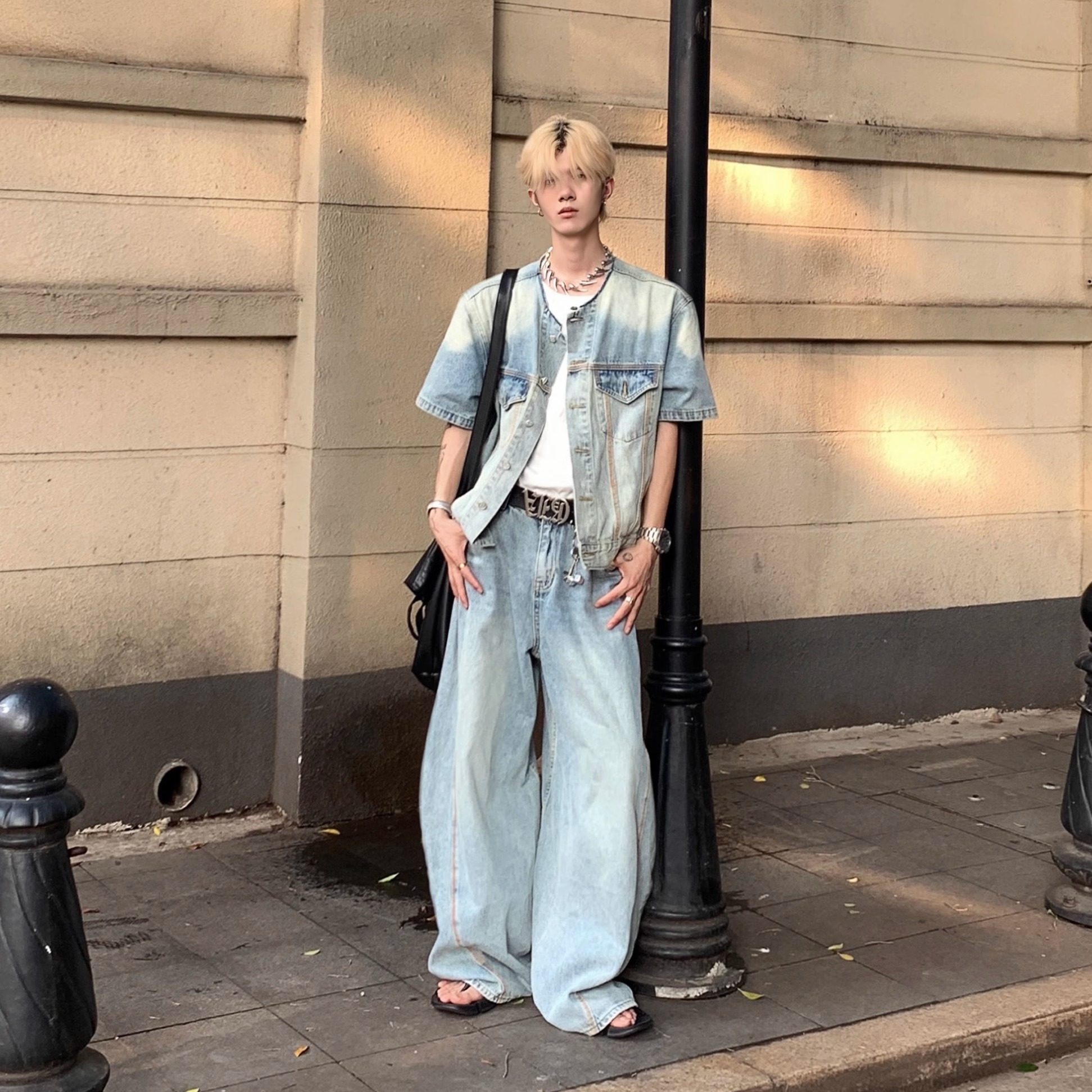 Med老叔男衬衣外套宽松水洗牛仔A百搭衬衫长裤设计感无领高级韩版,淘宝优惠券,粉丝福利购,淘宝优惠卷