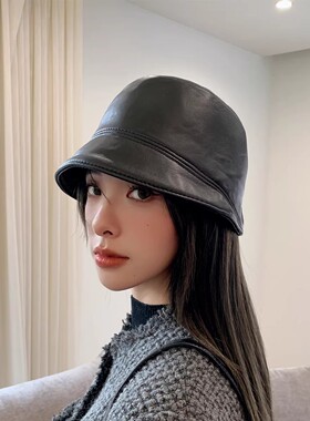 羊皮帽子女渔夫帽显脸小秋冬日系韩版贝雷帽盆帽保暖时尚英伦