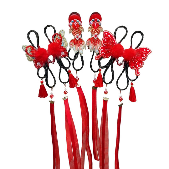 New Year festive children's wig tassel hairpin New Year's greetings red bow koi hairpin girls hair accessories
