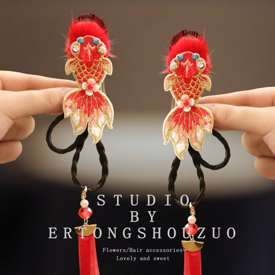 New Year festive children's wig tassel hairpin New Year's greetings red bow koi hairpin girls hair accessories