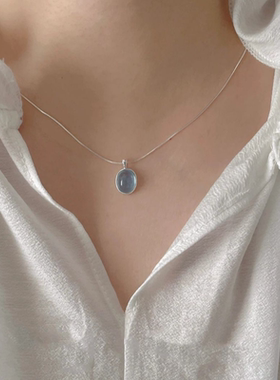 海蓝月光项链女高级感风小众椭圆吊坠锁骨链