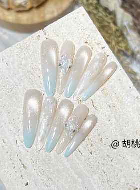 【蓝色海岛】冰透裸色猫眼纯手工长美甲贝壳亮片法式穿戴甲高级感