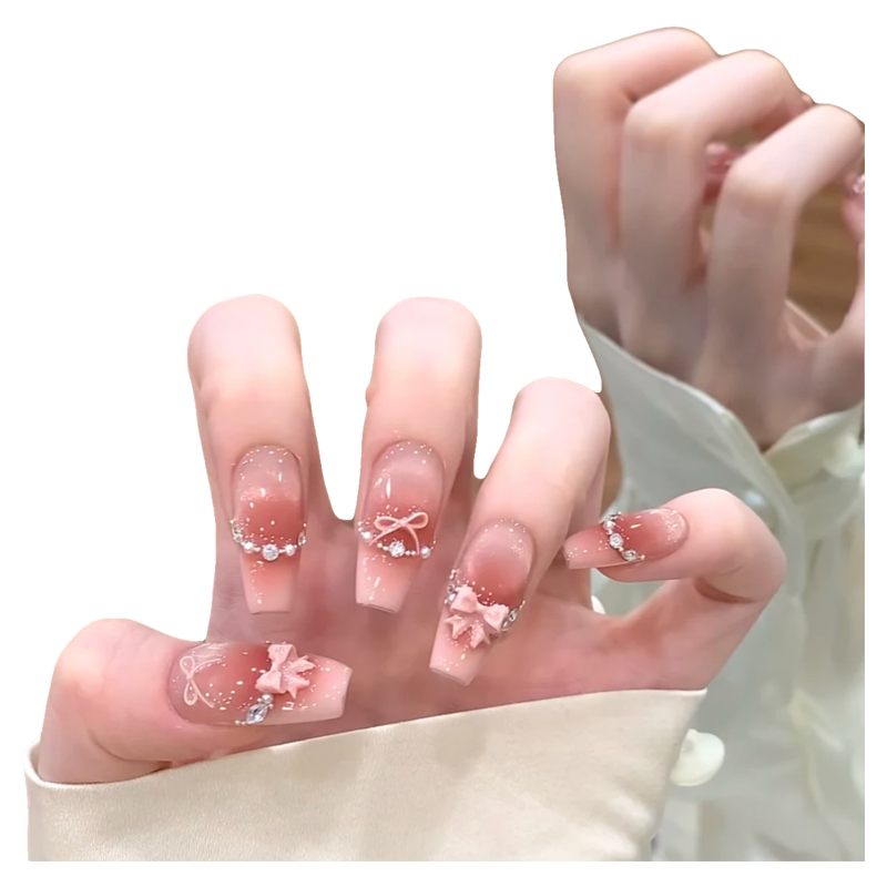 温柔纯手工蝴蝶结少女美甲穿戴高级爆闪甜美猫眼显白法式中长款,淘宝优惠券,粉丝福利购,淘宝优惠卷