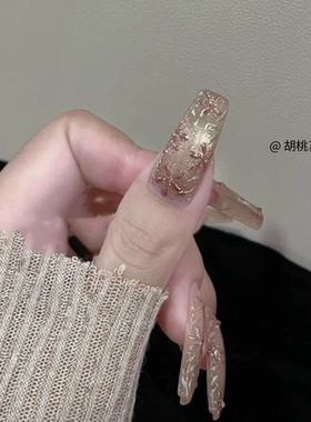 纯手工穿戴甲新款魔镜粉手绘立体花海冰透猫眼爆闪美甲显白气质款
