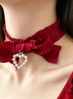 红色系项圈choker颈带甜美蝴蝶结铃铛项链酒红颈链毛绒锁骨链合集