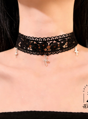 超仙白色蕾丝十字架锁骨颈链配饰高级感网红项链爆款蝴蝶结锁骨链