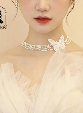 法式少女心森系choker蕾丝蝴蝶项链短款颈带百搭项圈锁骨链蝴蝶结