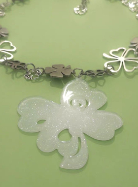 手工幸运草梦花园闪闪四叶草镂空漩涡水滴金属项链颈链y2k辣妹