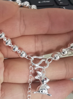 小兔子素银手链999纯银女足银圆珠十二生肖纯银手链属相白银饰品