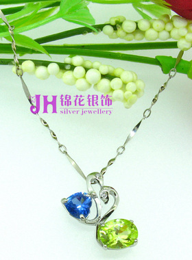 天鹅项链蓝绿色水晶吊坠银饰品
