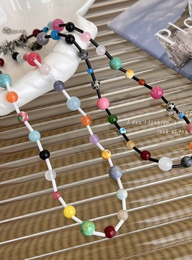 韩版博主同款多巴胺彩色串珠水晶项链女夏天少女感小众项链锁骨链
