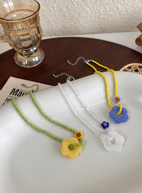 森系花朵流苏串珠水晶项链小米珠韩版2022森系仙气小众脖颈链潮人