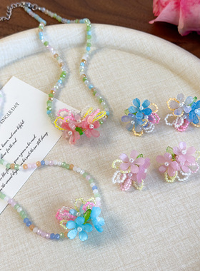 海棠朵朵彩色串珠项链
