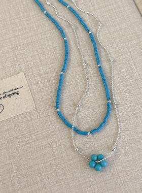 新中式民族风配饰蓝色石头早春小清新串珠花朵项链叠戴锁骨链百搭