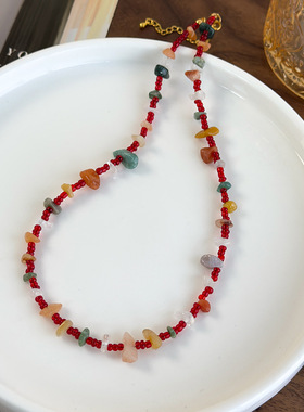 彩色天然石红色手工串珠项链女小众设计感时尚百搭气质锁骨链颈链