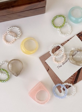 韩版东大门同款彩色糖果色串珠珍珠戒指小清新指环多种戴法戒指潮