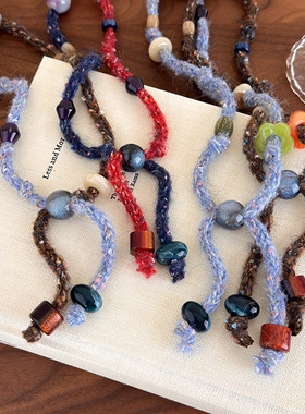 复古针织毛线串珠抽拉项链