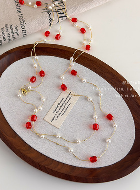 秋冬法式红宝石珍珠长款锁骨链