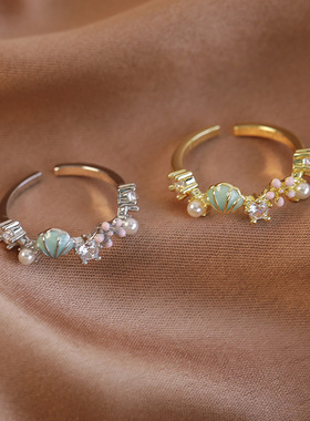 甜美风珐琅滴釉贝壳花朵珍珠戒指